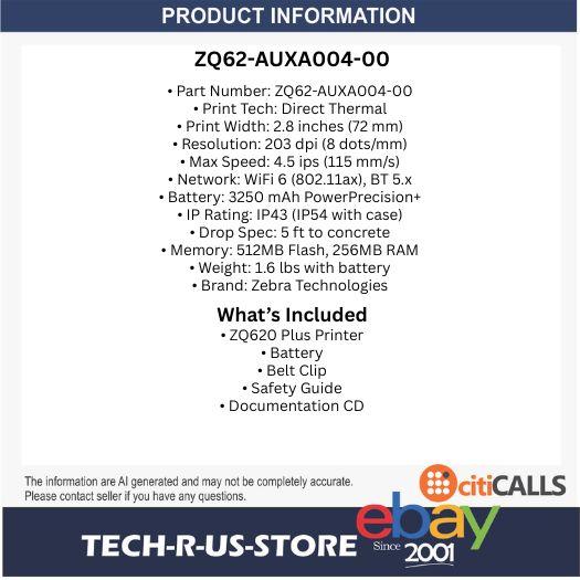 Zebra ZQ62-AUXA004-00 ZQ620 Plus Direct Thermal Printer 3" WiFi 6 BT 5.x Mobile