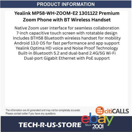 Yealink MP58-WH-ZOOM-E2 1301122 Premium Zoom Phone BT Wireless Handset PoE Ready