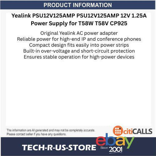 Yealink PSU12V125AMP 12V 1.25A USA NA Power Adapter Supply for T58W T58V CP925
