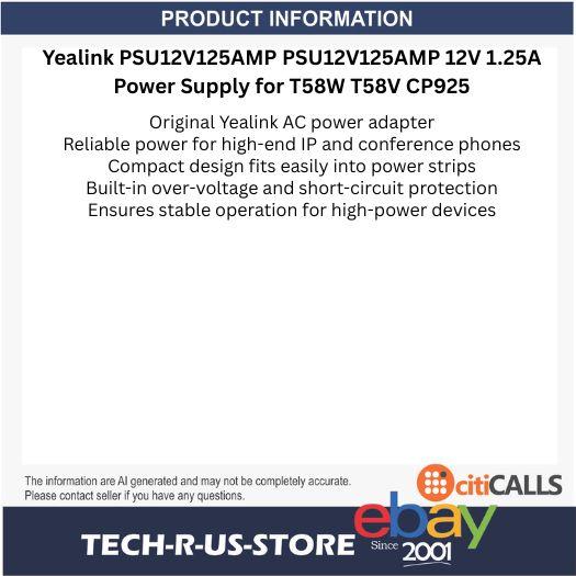Yealink PSU12V125AMP 12V 1.25A USA NA Power Adapter Supply for T58W T58V CP925