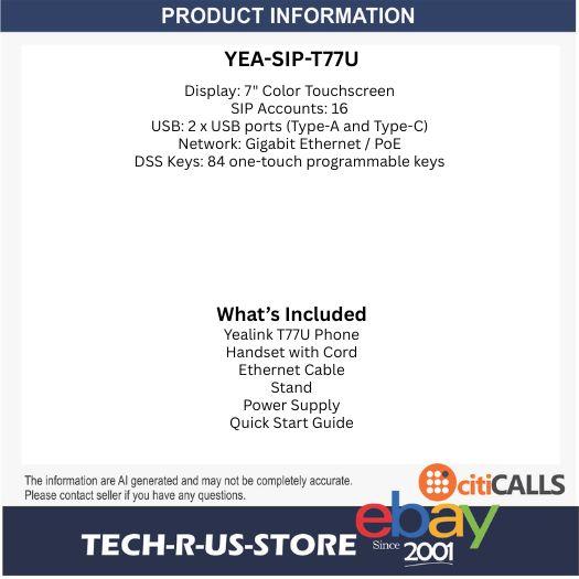 Yealink SIP-T77U 1301011 Ultra Business Phone 7in Color Touchscreen PoE Ready