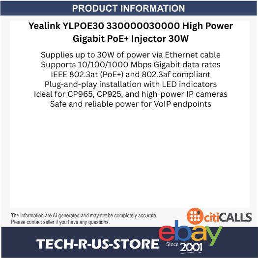 Yealink YLPOE30 330000030000 High Power Gigabit PoE+ Injector 30W