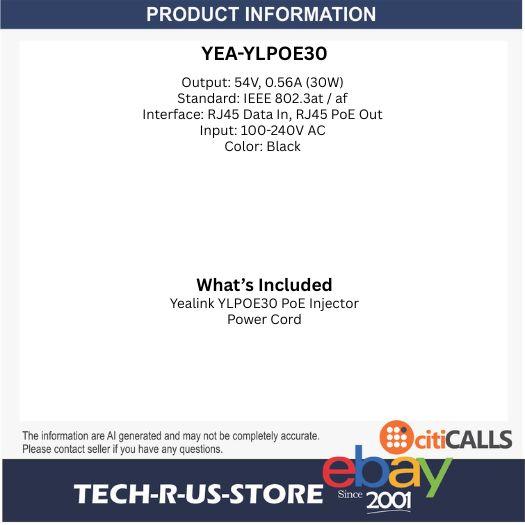 Yealink YLPOE30 330000030000 High Power Gigabit PoE+ Injector 30W