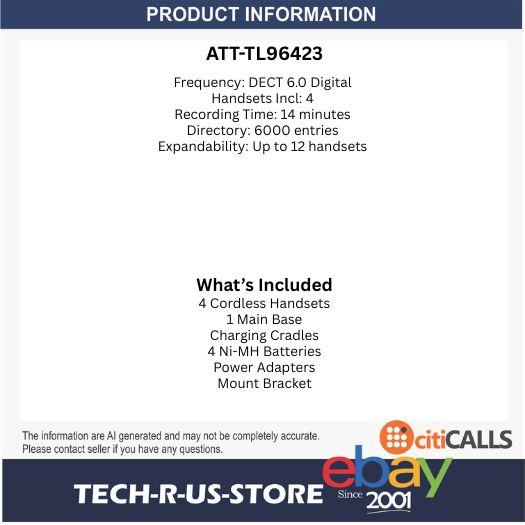 AT&T TL96423 TL96423 4-Handset DECT BT Connect to Cellular System PTT CID HD ECO