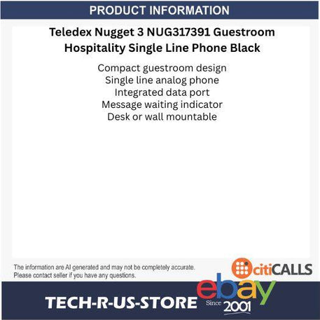 Teledex Nugget 3 NUG317391 Guestroom Hospitality Single Line Phone Black