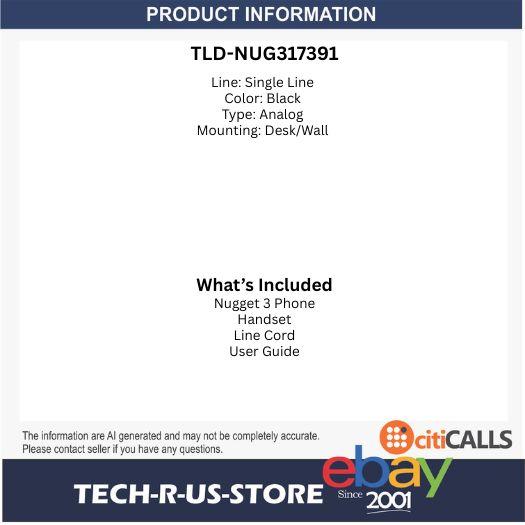 Teledex Nugget 3 NUG317391 Guestroom Hospitality Single Line Phone Black