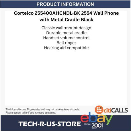 Cortelco ITT-2554-AHCNDL-BK 2554 No Dial Wall Phone with Metal Strong Cord Black