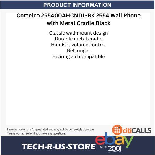 Cortelco ITT-2554-AHCNDL-BK 2554 No Dial Wall Phone with Metal Strong Cord Black