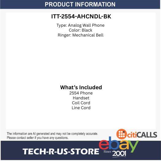 Cortelco ITT-2554-AHCNDL-BK 2554 No Dial Wall Phone with Metal Strong Cord Black