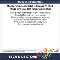 Muddy MUD-RRS10-2PK Retractable Ratchet Straps 2PK 1in x 10ft Retractable 1322lb