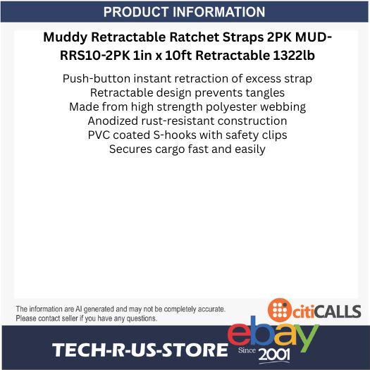 Muddy MUD-RRS10-2PK Retractable Ratchet Straps 2PK 1in x 10ft Retractable 1322lb