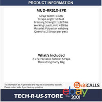 Muddy MUD-RRS10-2PK Retractable Ratchet Straps 2PK 1in x 10ft Retractable 1322lb