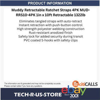 Muddy MUD-RRS10-4PK Retractable Ratchet Straps 4PK 1in x 10ft Retractable 1322lb