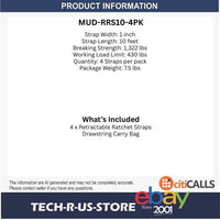 Muddy MUD-RRS10-4PK Retractable Ratchet Straps 4PK 1in x 10ft Retractable 1322lb