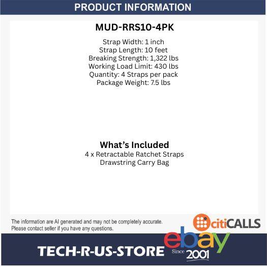 Muddy MUD-RRS10-4PK Retractable Ratchet Straps 4PK 1in x 10ft Retractable 1322lb