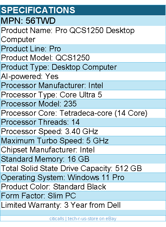 Dell 56TWD Pro QCS1250 Desktop Computer - Intel Core Ultra 5 235 - Slim PC