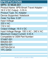 HPI 574638-001 SPS-Smart Travel Adapter - 19.5 V DC Output - 3.33 A