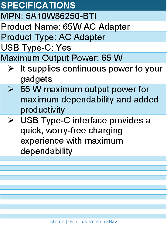BTI 5A10W86250-BTI 65W TYPE-C AC ADAPTER - Compatible OEM: 5A10W86250