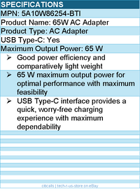 BTI 5A10W86254-BTI 65W TYPE-C AC ADAPTER - Compatible OEM: 5A10W86254