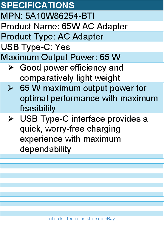 BTI 5A10W86254-BTI 65W TYPE-C AC ADAPTER - Compatible OEM: 5A10W86254