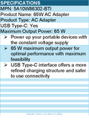 BTI 5A10W86302-BTI 65W TYPE-C AC ADAPTER - Compatible OEM: 5A10W86302
