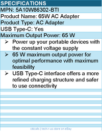 BTI 5A10W86302-BTI 65W TYPE-C AC ADAPTER - Compatible OEM: 5A10W86302
