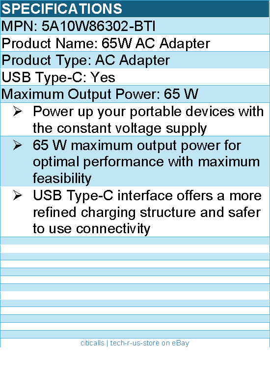 BTI 5A10W86302-BTI 65W TYPE-C AC ADAPTER - Compatible OEM: 5A10W86302