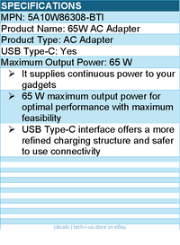 BTI 5A10W86308-BTI 65W TYPE-C AC ADAPTER - Compatible OEM: 5A10W86308