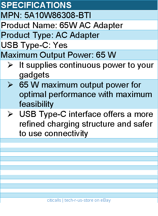 BTI 5A10W86308-BTI 65W TYPE-C AC ADAPTER - Compatible OEM: 5A10W86308