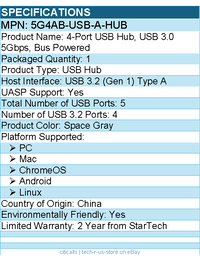StarTech 5G4AB-USB-A-HUB 4-Port USB Hub, USB 3.0 5Gbps, Bus Powered
