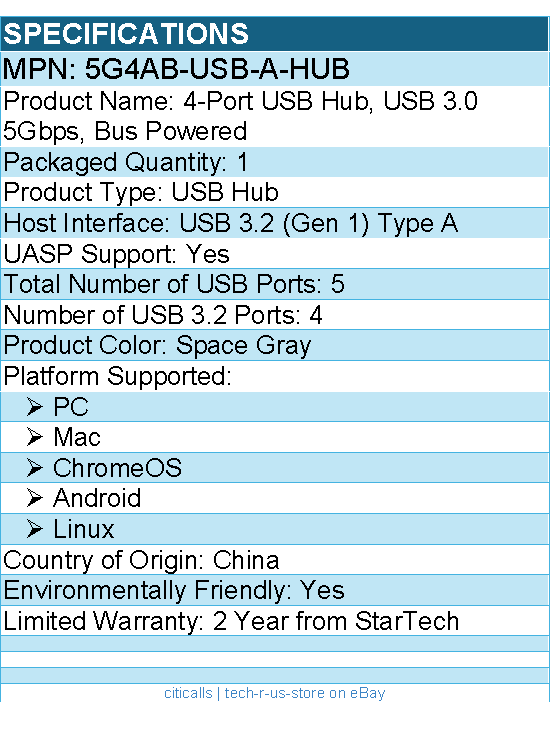 StarTech 5G4AB-USB-A-HUB 4-Port USB Hub, USB 3.0 5Gbps, Bus Powered