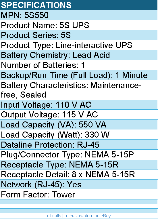 Eaton 5S550 5S UPS 550 VA 330 Watt 120V Line-Interactive Battery Backup Tower
