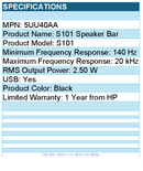 HP 5UU40AA S101 Sound Bar Speaker - 2.50 W RMS - Black
