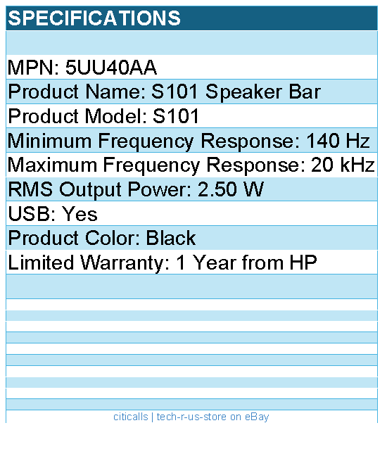 HP 5UU40AA S101 Sound Bar Speaker - 2.50 W RMS - Black