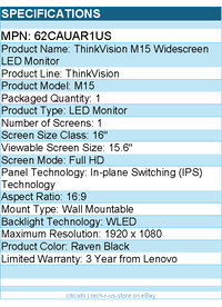 Lenovo 62CAUAR1US ThinkVision M15 16" Class Full HD LED Monitor - Raven Black