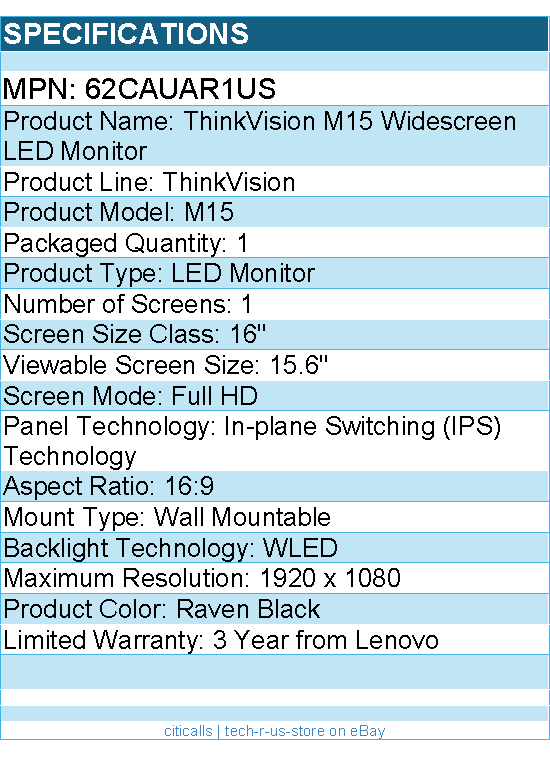 Lenovo 62CAUAR1US ThinkVision M15 16" Class Full HD LED Monitor - Raven Black