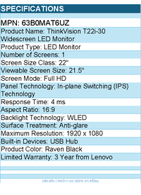 Lenovo 63B0MAT6UZ ThinkVision T22i-30 22" Class Full HD LED Monitor - 16:9