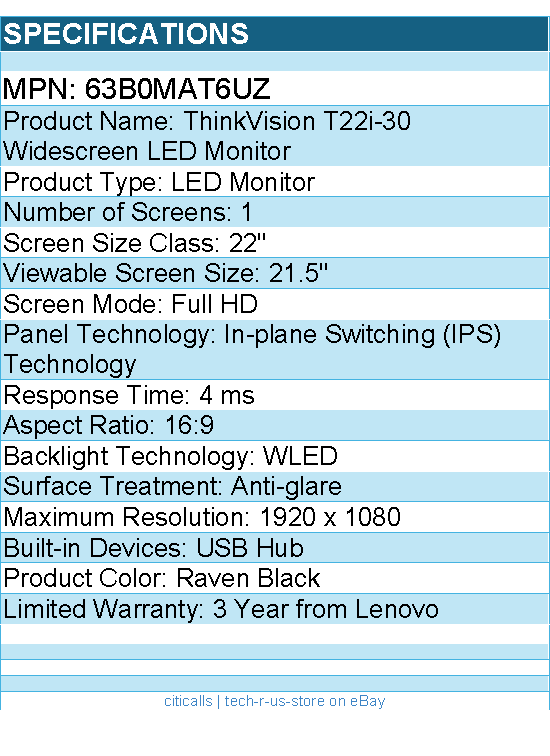 Lenovo 63B0MAT6UZ ThinkVision T22i-30 22" Class Full HD LED Monitor - 16:9