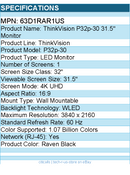 Lenovo 63D1RAR1US ThinkVision P32p-30 32" Class 4K UHD LED Monitor - 16:9