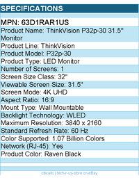 Lenovo 63D1RAR1US ThinkVision P32p-30 32" Class 4K UHD LED Monitor - 16:9