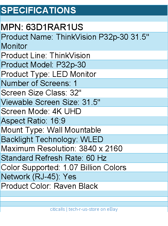 Lenovo 63D1RAR1US ThinkVision P32p-30 32" Class 4K UHD LED Monitor - 16:9