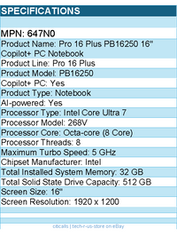 Dell 647N0 Pro 16 Plus PB16250 16" Copilot+ PC Notebook - Intel Core Ultra 7