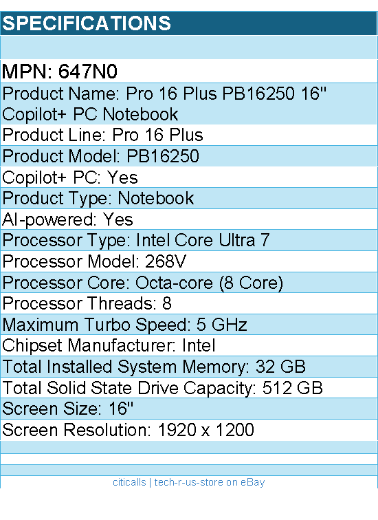 Dell 647N0 Pro 16 Plus PB16250 16" Copilot+ PC Notebook - Intel Core Ultra 7