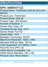 Lenovo 64B5KAT1UZ ThinkVision S24-4e 23.8 inch Monitor - Full HD
