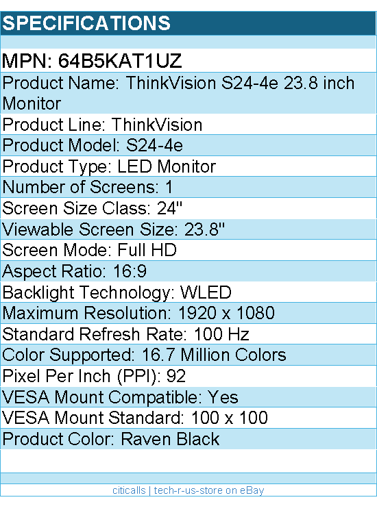 Lenovo 64B5KAT1UZ ThinkVision S24-4e 23.8 inch Monitor - Full HD