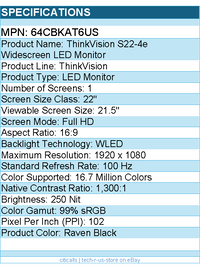Lenovo 64CBKAT6US ThinkVision S22-4e 22" Class Full HD LED Monitor - 16:9