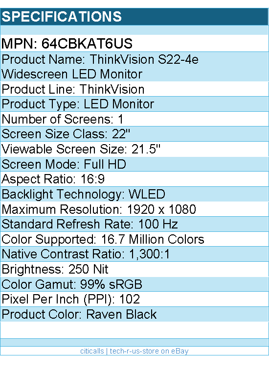 Lenovo 64CBKAT6US ThinkVision S22-4e 22" Class Full HD LED Monitor - 16:9