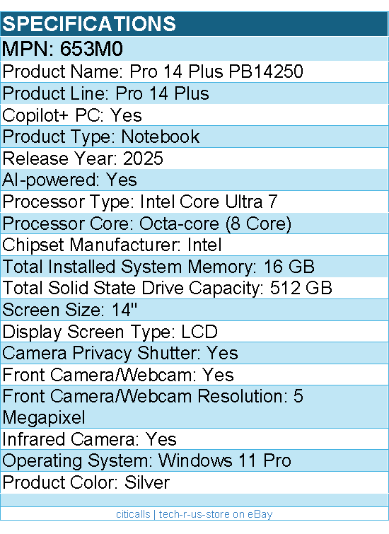 Dell 653M0 Pro 14 Plus PB14250 14" Clamshell Copilot+ PC Notebook - Full HD Plus