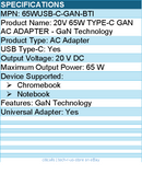 BTI 65WUSB-C-GAN-BTI 20V 65W TYPE-C GAN AC ADAPTER - GaN Technology