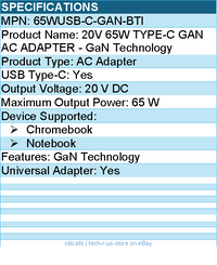 BTI 65WUSB-C-GAN-BTI 20V 65W TYPE-C GAN AC ADAPTER - GaN Technology